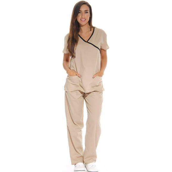 Just Love Women's Scrub Sets - Comfortable Medical & Nursing Scrubs (Khaki with Black Trim, Extra Small)