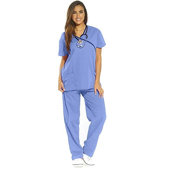 Just Love Women's Scrub Sets / Medical Scrubs (Mock Wrap) (1X, Ceil With Navy Trim)