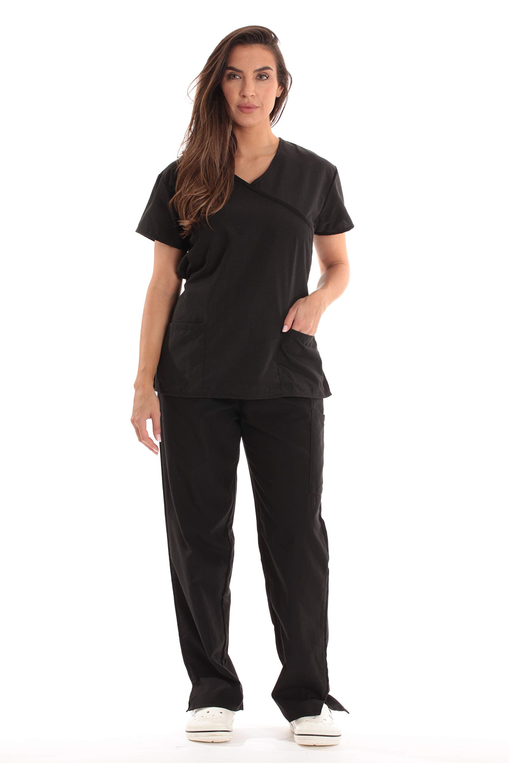 Just Love Women's Scrub Sets Medical Scrubs (Mock Wrap) - Comfortable and  Professional Uniform in (Black with Black Trim, X-Large)
