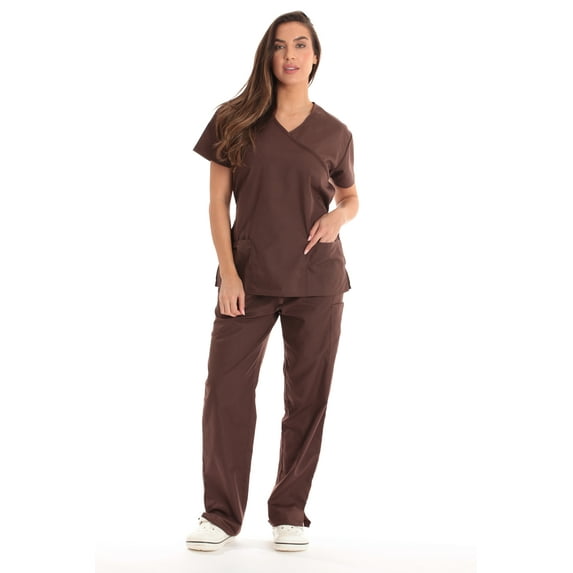 Just Love Women's Scrub Sets Medical Scrubs (Mock Wrap) - Comfortable and Professional Uniform in (Chocolate with Chocolate Trim, 3X)