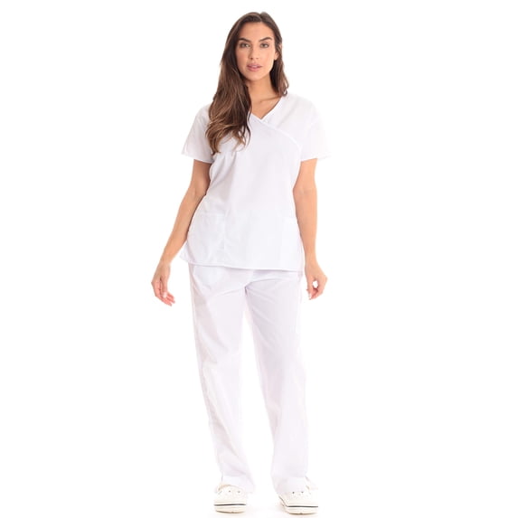 Just Love Women's Scrub Sets Medical Scrubs (Mock Wrap) - Comfortable and Professional Uniform in (White with White Trim, 1X)