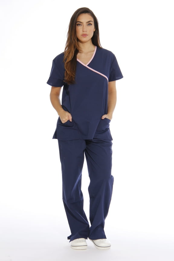Women's Scrub Sets / Medical Scrubs (Mock Wrap) (Navy With Light Pink Trim, Small)