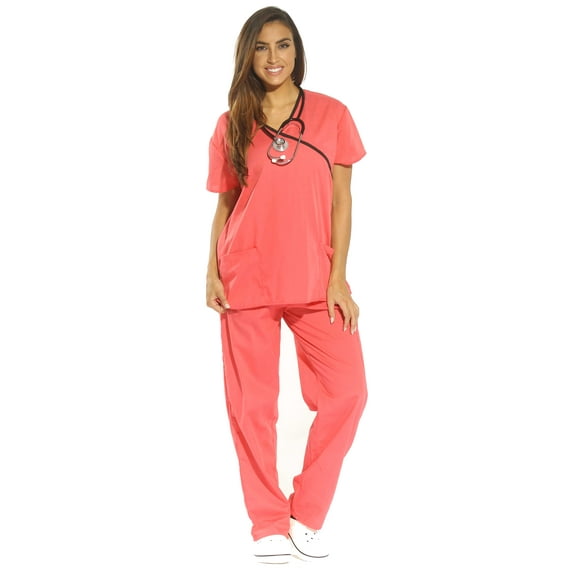 Just Love Women's Scrub Sets - Comfortable Medical & Nursing Scrubs (Coral with Black Trim, Large)