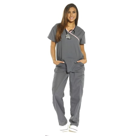 Just Love Women's Scrub Sets - Comfortable Medical & Nursing Scrubs (Gray with Pink Trim, Extra Large)