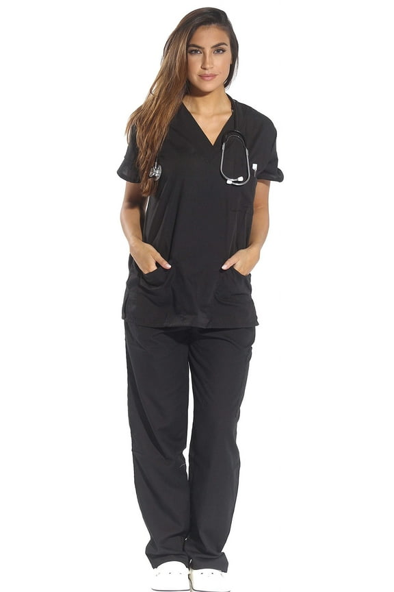 Women's Scrub Sets Six Pocket Medical Scrubs (V-Neck with Cargo Pant) (Black, Large)