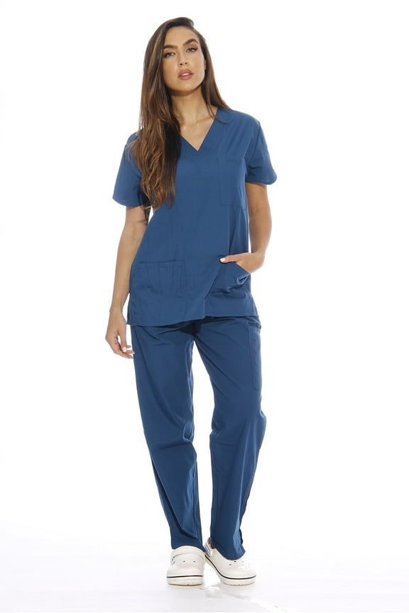 Women's Scrub Sets Six Pocket Medical Scrubs (V-Neck with Cargo Pant) (Carribean Blue, X-Small)