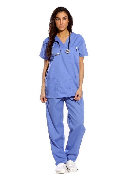 Women's Scrub Sets Six Pocket Medical Scrubs (V-Neck with Cargo Pant) (Ceil, X-Small)
