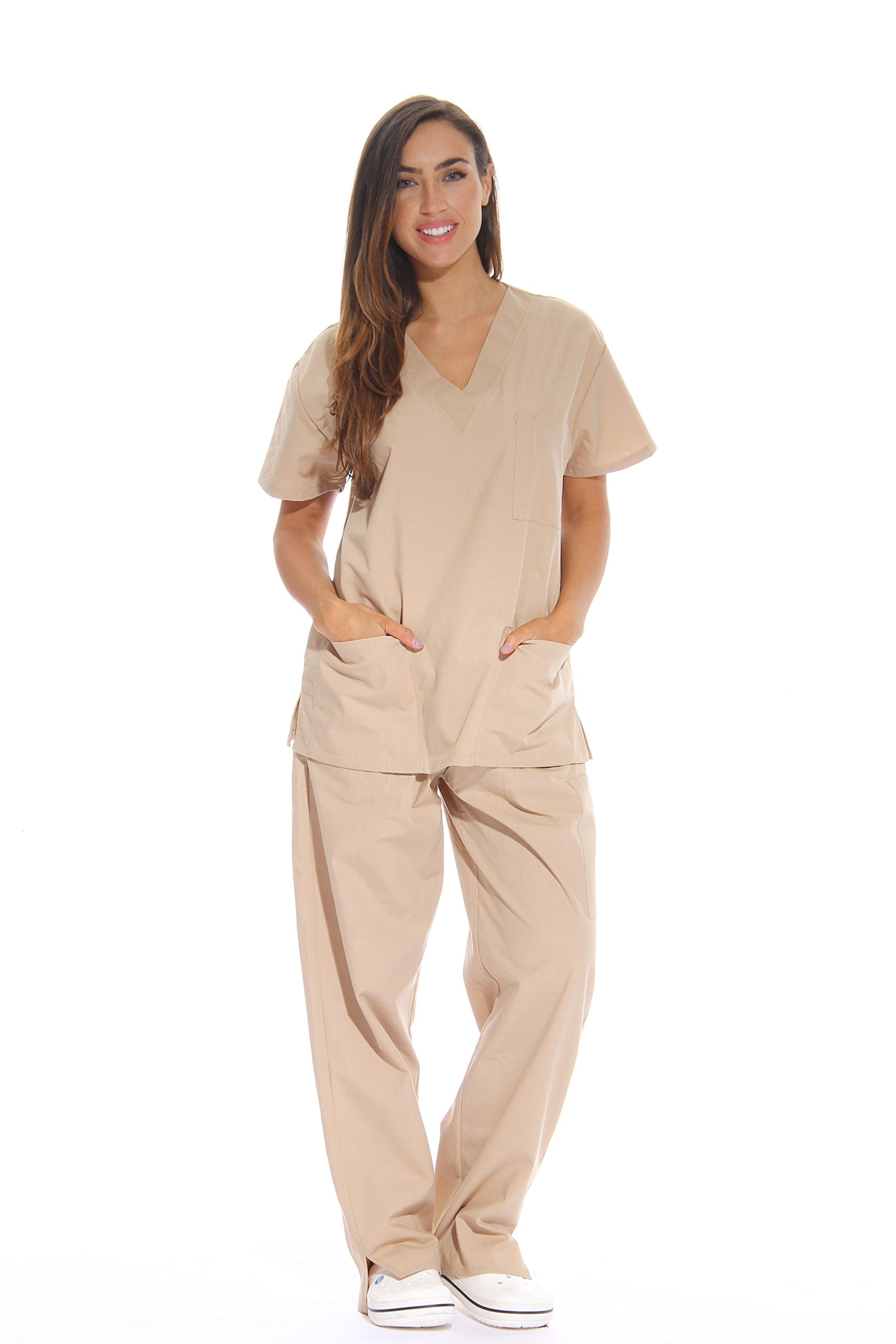 Just Love Women's Scrub Sets Six Pocket Medical Scrubs (V-Neck with Cargo Pant) (Khaki, 1X)