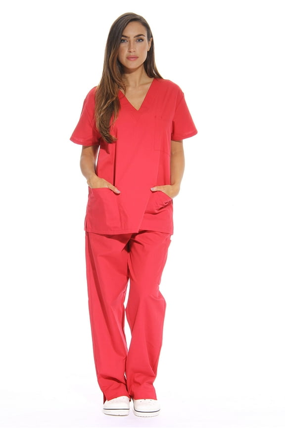Women's Scrub Sets Six Pocket Medical Scrubs (V-Neck with Cargo Pant) (Red, X-Large)