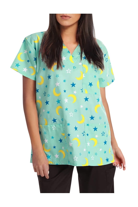 Women's Scrub Tops (Aqua - Moon and Stars, Large)