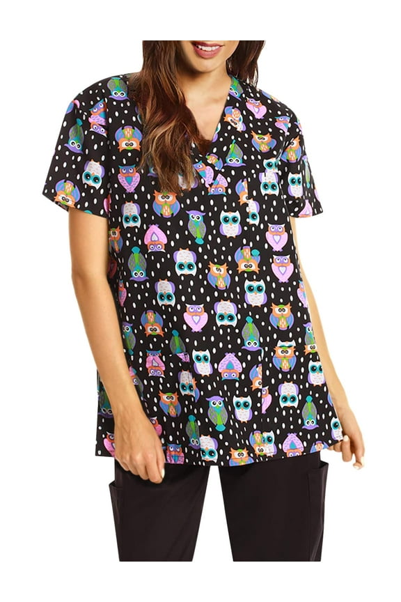 Women's Scrub Tops (Black - Hoot Hoot Owl, X-Small)