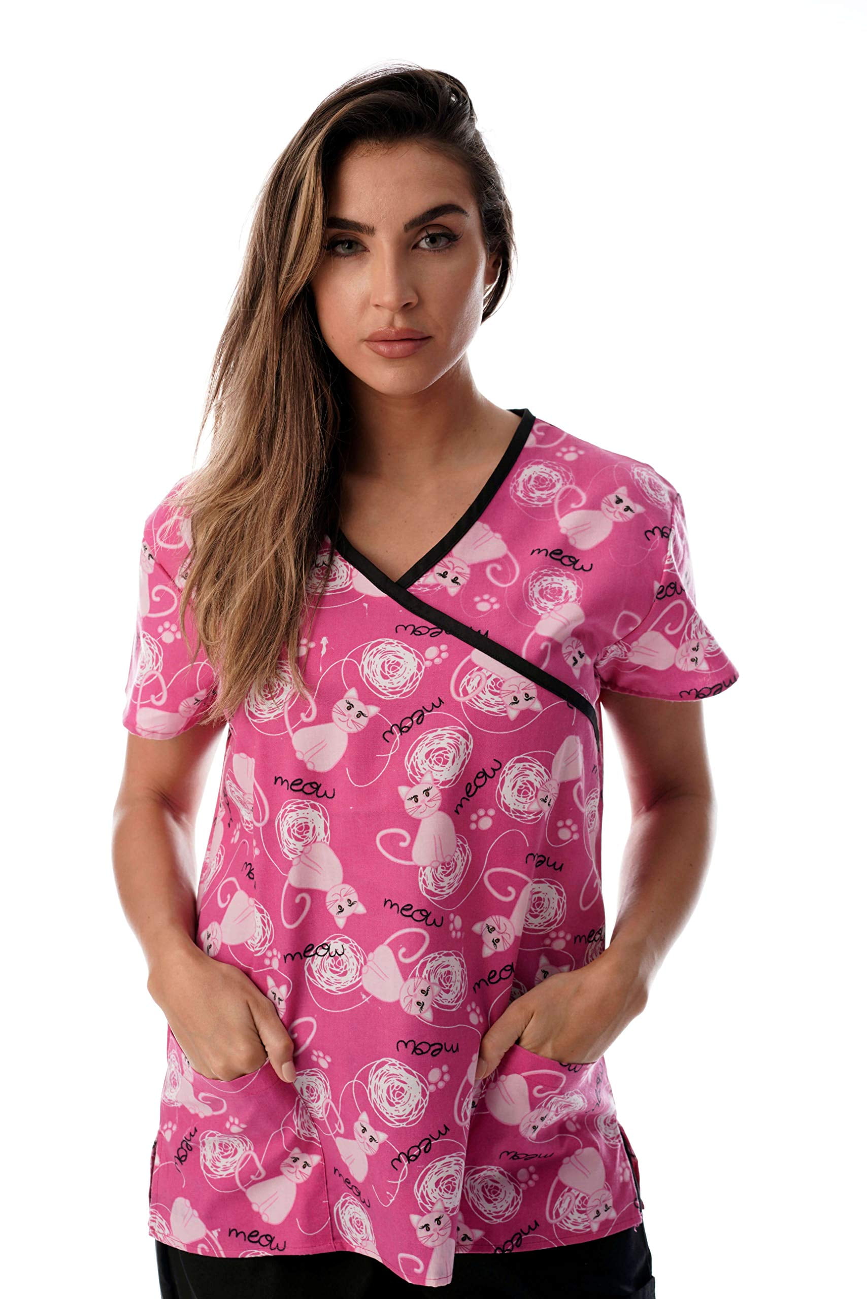Just Love Women's Scrub Tops Nursing Scrubs (Pink Cat Meow Black Trim