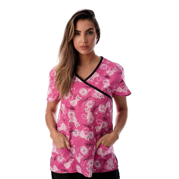 Just Love Women's Scrub Tops Nursing Scrubs (Pink Cat Meow Black Trim, Small)