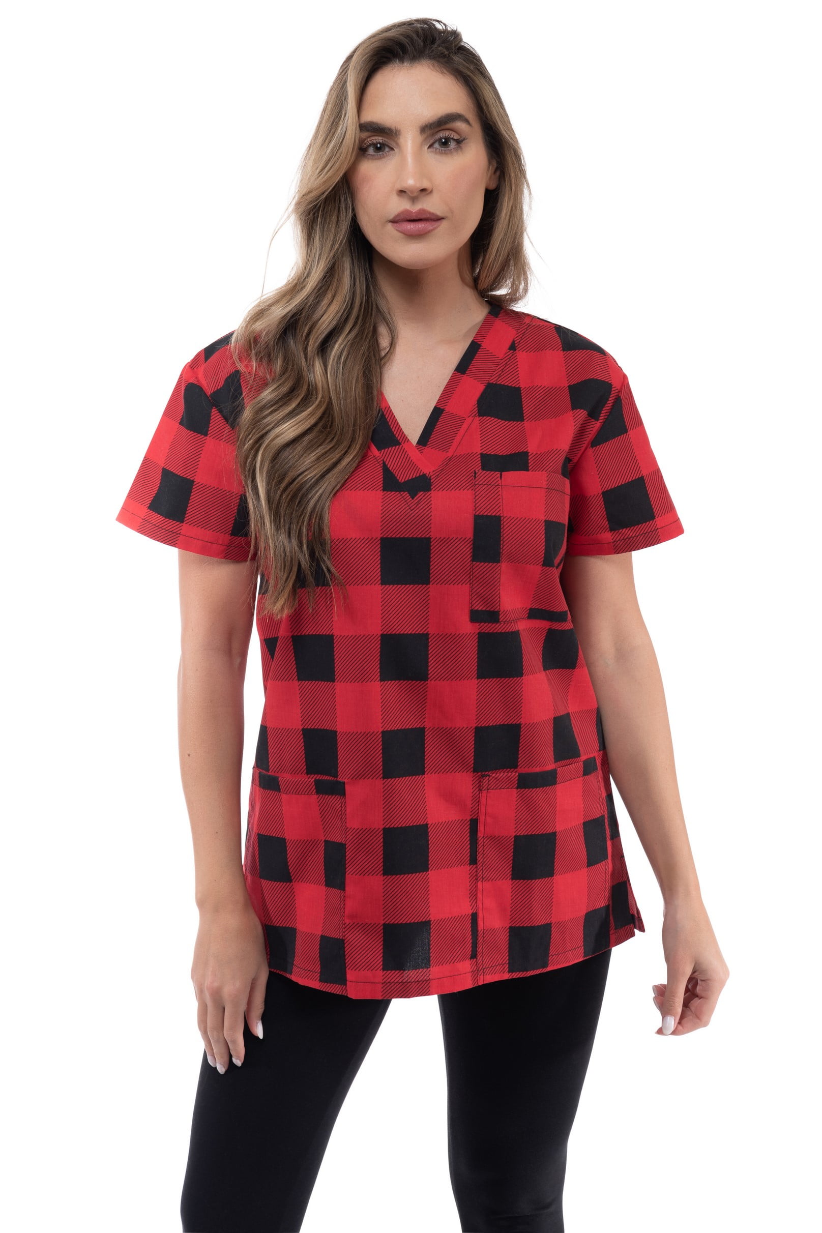 Just Love Women's Scrub Tops (Red - Buffalo Plaid, 2X)