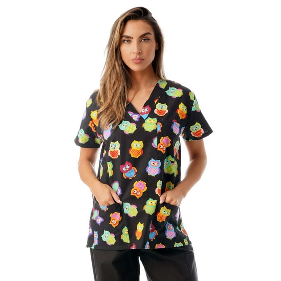 Just Love Women's Scrub Tops / Scrubs - Pink Flower (Multi Colored Owls, Small)