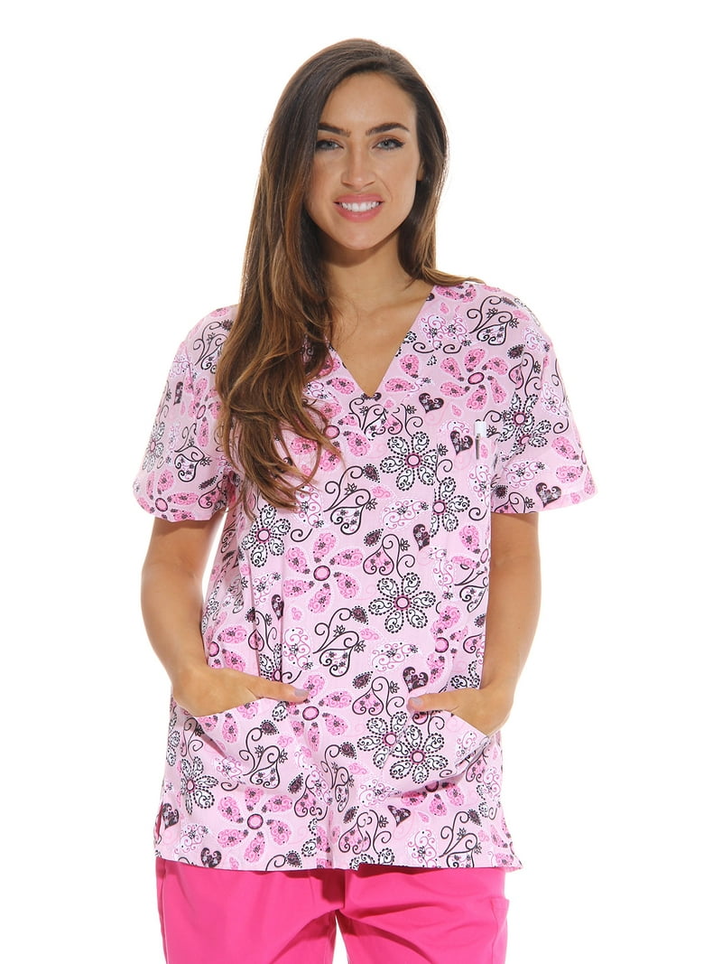 Just Love Women's Nurse Scrub Tops Pink Flower, Medium