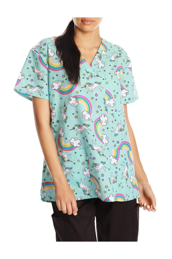 Women's Scrub Tops (Turquoise - Unicorn Rainbow, X-Small)