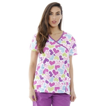 Just Love Womens Scrub Tops - V-Neck Nursing Scrubs with 2 Pockets (Hearts and Ribbons 2, Large)