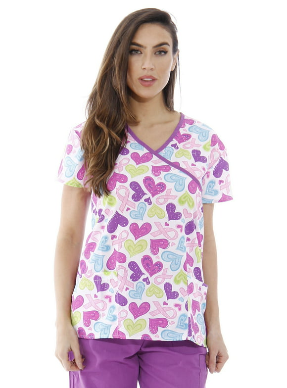 Just Love Women’s Scrub Tops - V-Neck Nursing Scrubs with 2 Pockets (Hearts and Ribbons 2, Large)