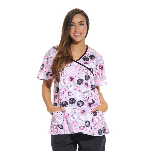 Just Love Women’s Scrub Tops - V-Neck Nursing Scrubs with 2 Pockets (Ribbon Print 4, X-Small)