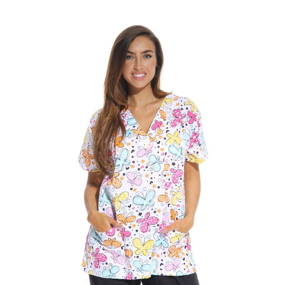 Just Love Women's Scrub Tops (White Butterfly, 1X)