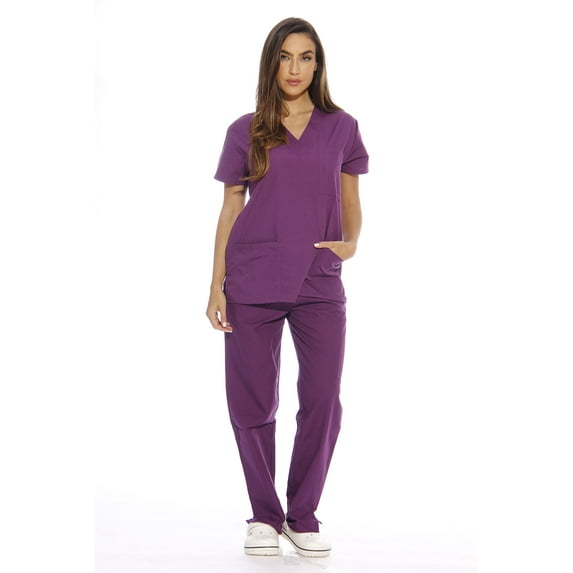 Just Love Women's Six Pocket Medical Scrubs Set (V-Neck with Cargo Pant) (Eggplant, Medium)