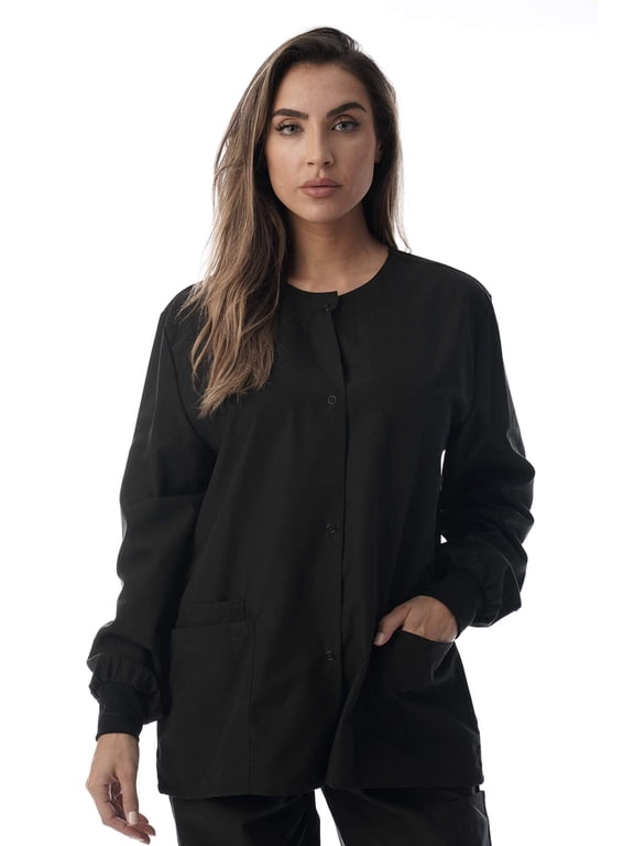 Women's Solid Scrub Jacket - Comfortable and Professional Uniform Coat (Black, 1X)