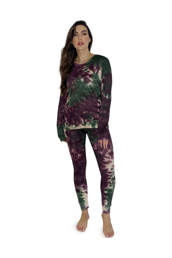 Women's Tie Dye Two Piece Pajama Set (Tie Dye Olive Rust, X-Large)