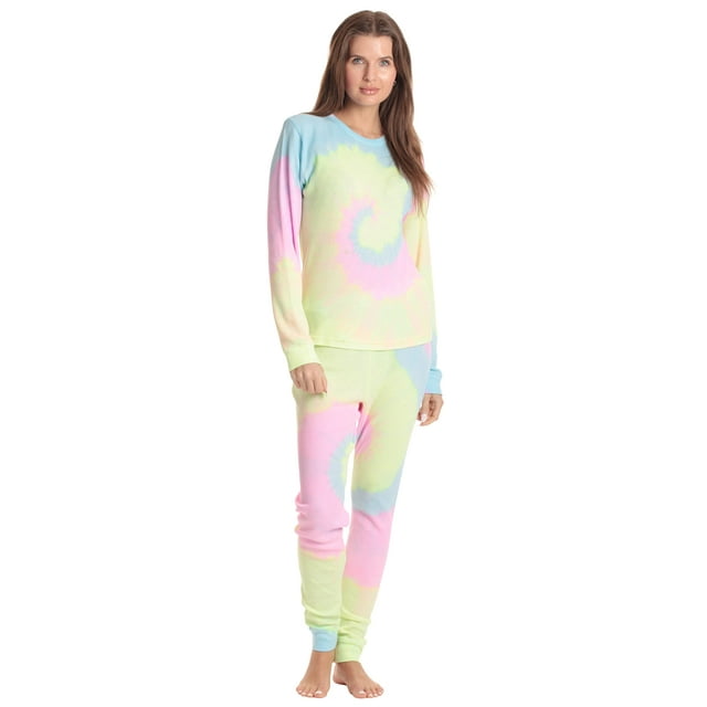 Just Love Womens Tie Dye Two Piece Thermal Pajama Sets Tie Dye Neon