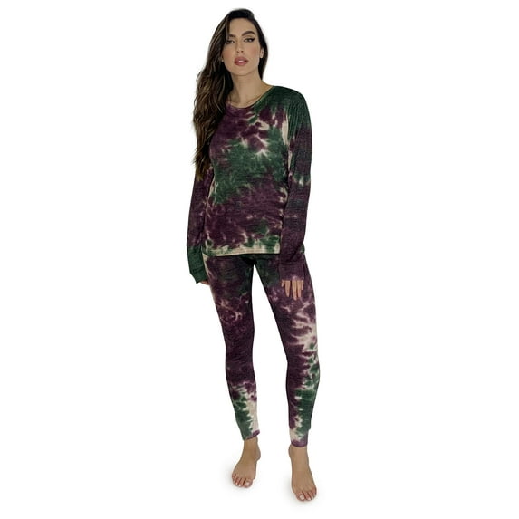 Just Love Women's Tie Dye Two Piece Thermal Pajama Sets (Tie Dye Olive Rust, Medium)
