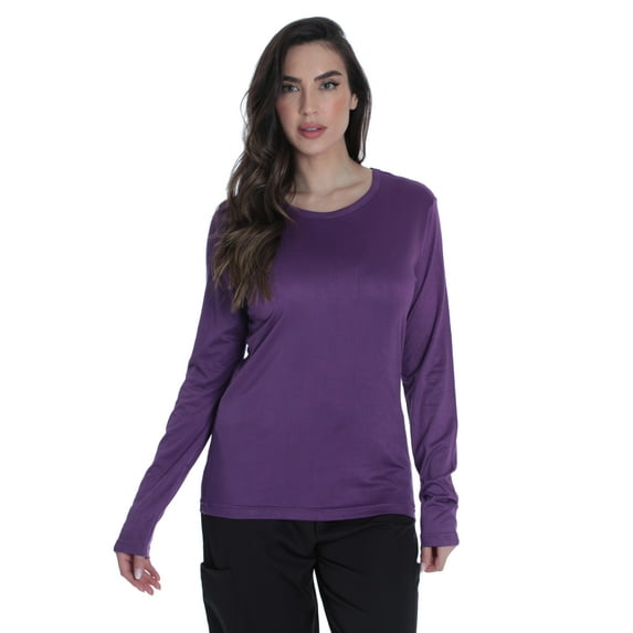 Just Love Womens Underscrub Silky Long Sleeve T-Shirt Plain Undershirt Tee (Eggplant, Medium)