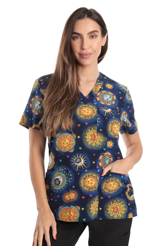 Women's V-Neck Printed Scrub Top (Blue Sun Stretch Fabric, Large)