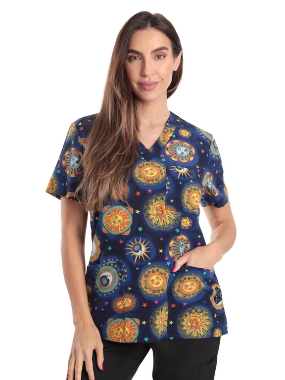 Women's V-Neck Printed Scrub Top (Blue Sun Stretch Fabric, X-Small)
