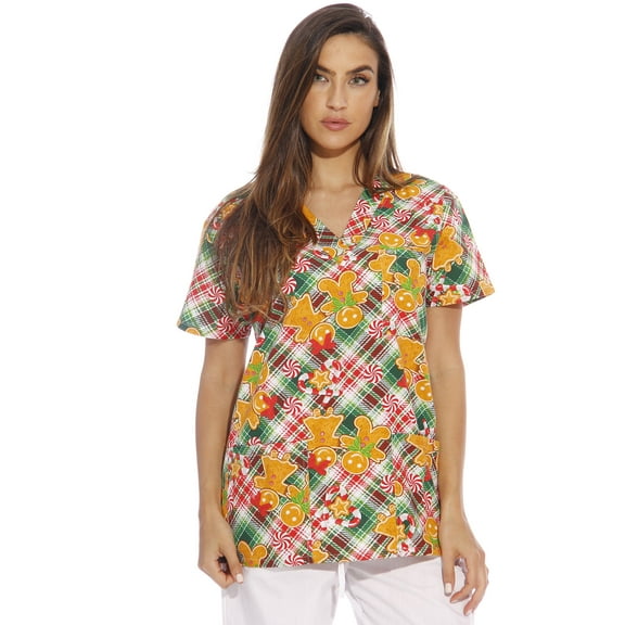 Just Love Women's V-Neck Printed Scrub Top (Gingerbread Man, Small)