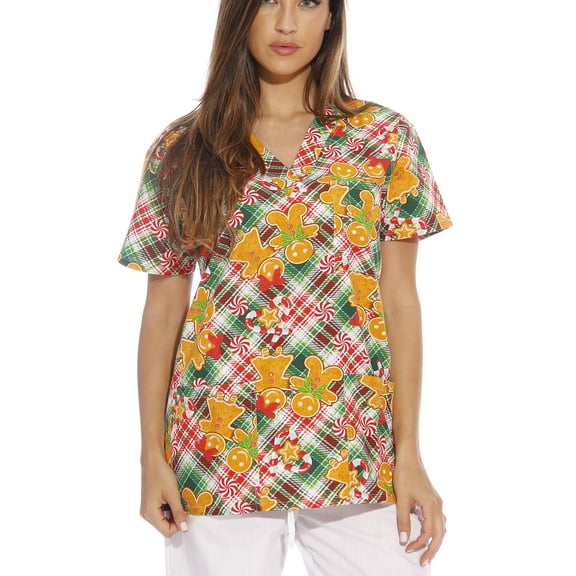 Just Love Women's V-Neck Printed Scrub Top (Gingerbread Man, X-Small)