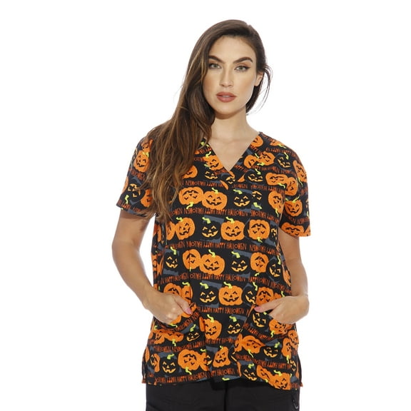 Just Love Women's V-Neck Printed Scrub Top (Happy Halloween, Small)