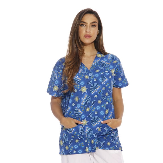 Just Love Women's V-Neck Printed Scrub Top (Happy Hannukah, Medium)
