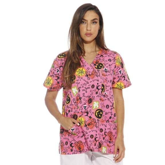 Just Love Women's V-Neck Printed Scrub Top (Neon Halloween with Glitter, X-Small)