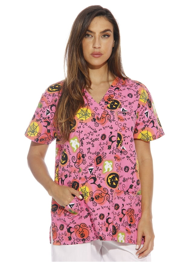 Women's V-Neck Printed Scrub Top (Neon Halloween with Glitter, X-Small)