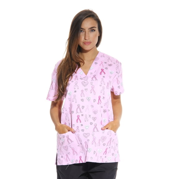 Just Love Women's V-Neck Printed Scrub Top (Ribbon Print 1, X-Small)
