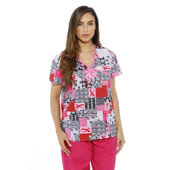 Just Love Women's V-Neck Printed Scrub Top (Ribbon Print 5, Small)