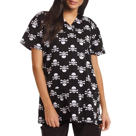 Just Love Women's V-Neck Printed Scrub Top (Stretch Fabric Black - Skull, 1X)