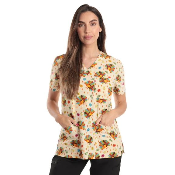 Just Love Women's V-Neck Printed Scrub Top (Thanksgiving Turkey Stretch Fabric, 3X)
