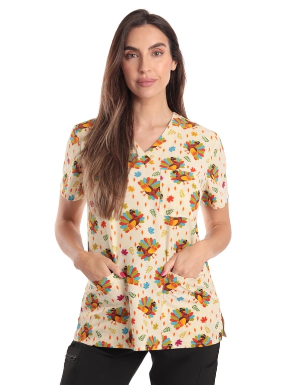 Women's V-Neck Printed Scrub Top (Thanksgiving Turkey Stretch Fabric, 3X)