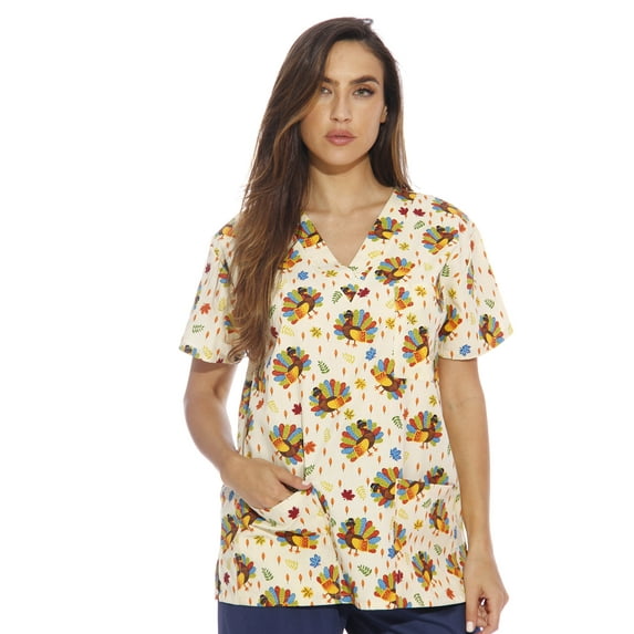 Just Love Women's V-Neck Printed Scrub Top (Turkey, Large)