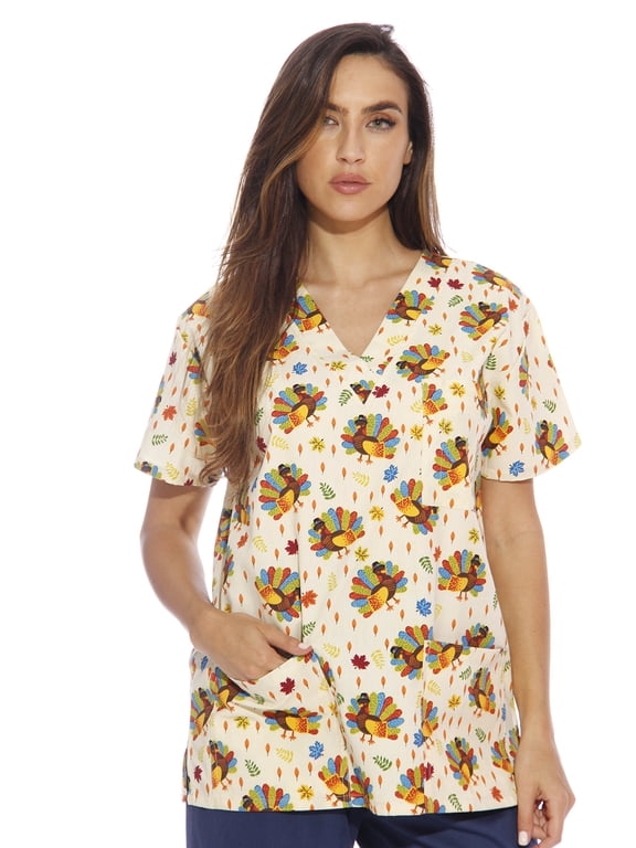 Women's V-Neck Printed Scrub Top (Turkey, Large)