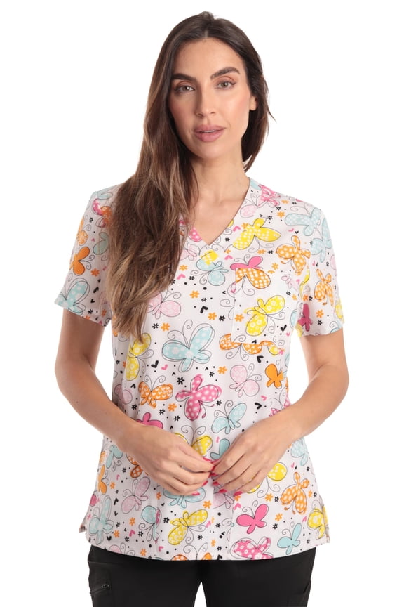 Women's V-Neck Printed Scrub Top (White Butterfly Stretch Fabric, 2X)