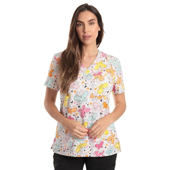 Just Love Women's V-Neck Printed Scrub Top (White Butterfly Stretch Fabric, Large)