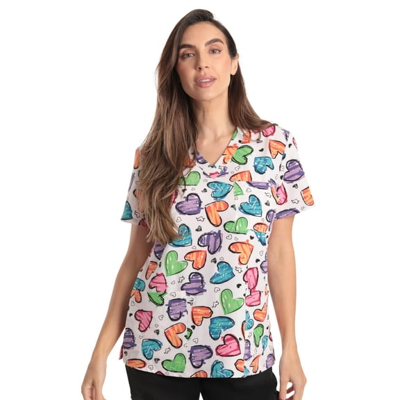 Just Love Women's V-Neck Printed Scrub Top (White Heart Stretch Fabric, X-Large)