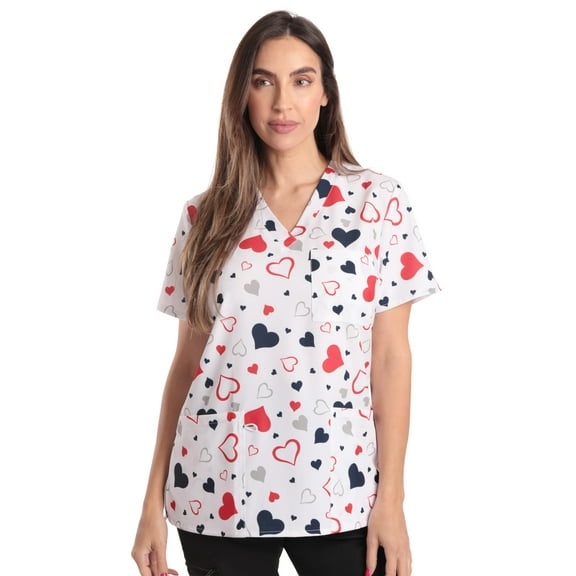 Just Love Women's V-Neck Printed Scrub Top (White Red Blue Heart Stretch Fabric, 1X)